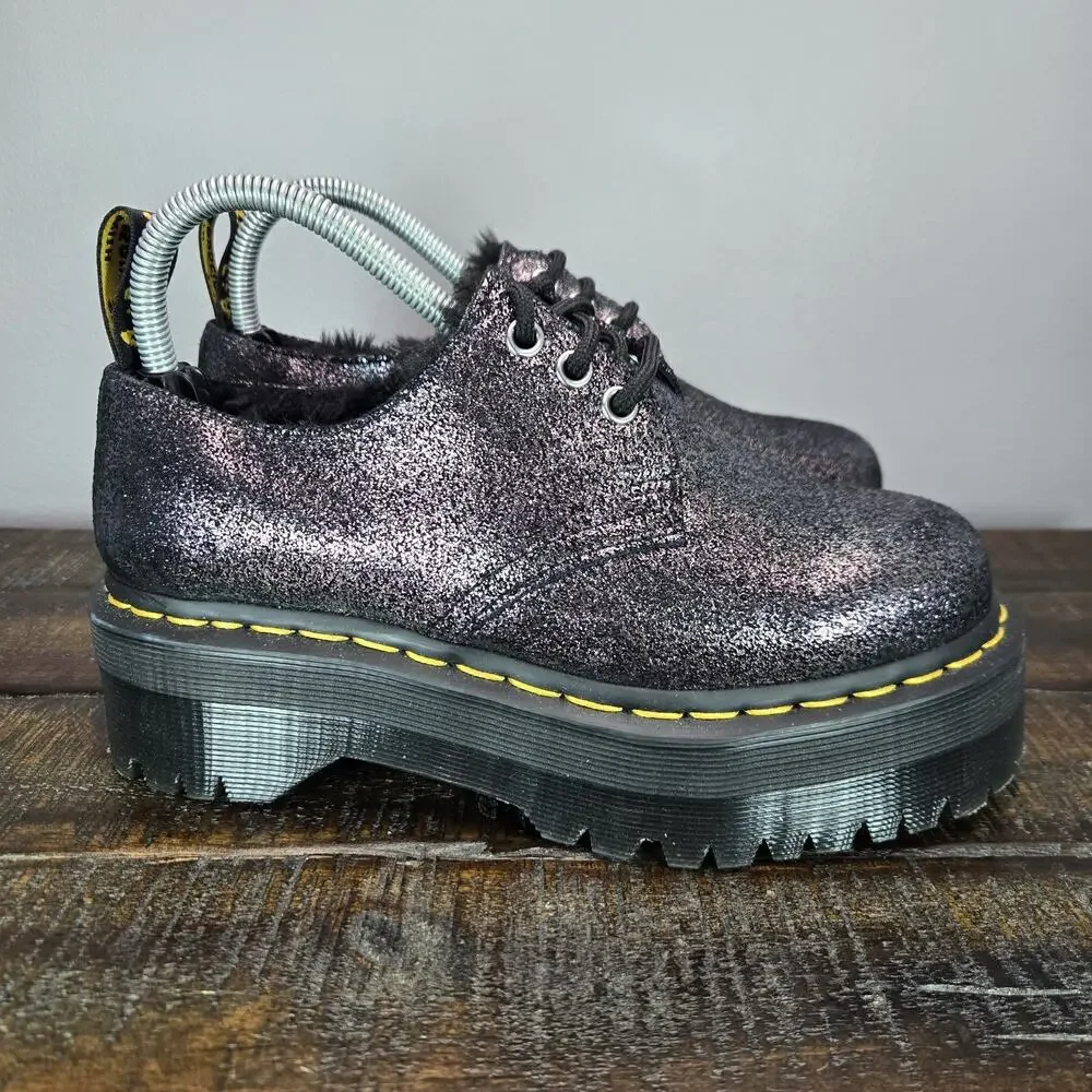 NEW Dr Martens 1461 Quad FL Womens Size 6 Oxford Shoes Glitter Fur Metallic